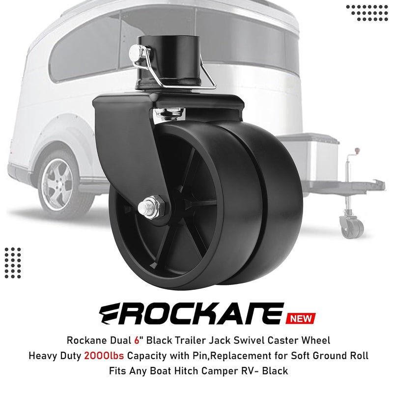 rockane Dual 6'' Black Trailer Jack Swivel Caster Wheel Replacement, Heavy Duty 2000lbs Capacity with Pin for Soft Ground Roll, Fits Any Boat Hitch Camper RV- Black - Image 4